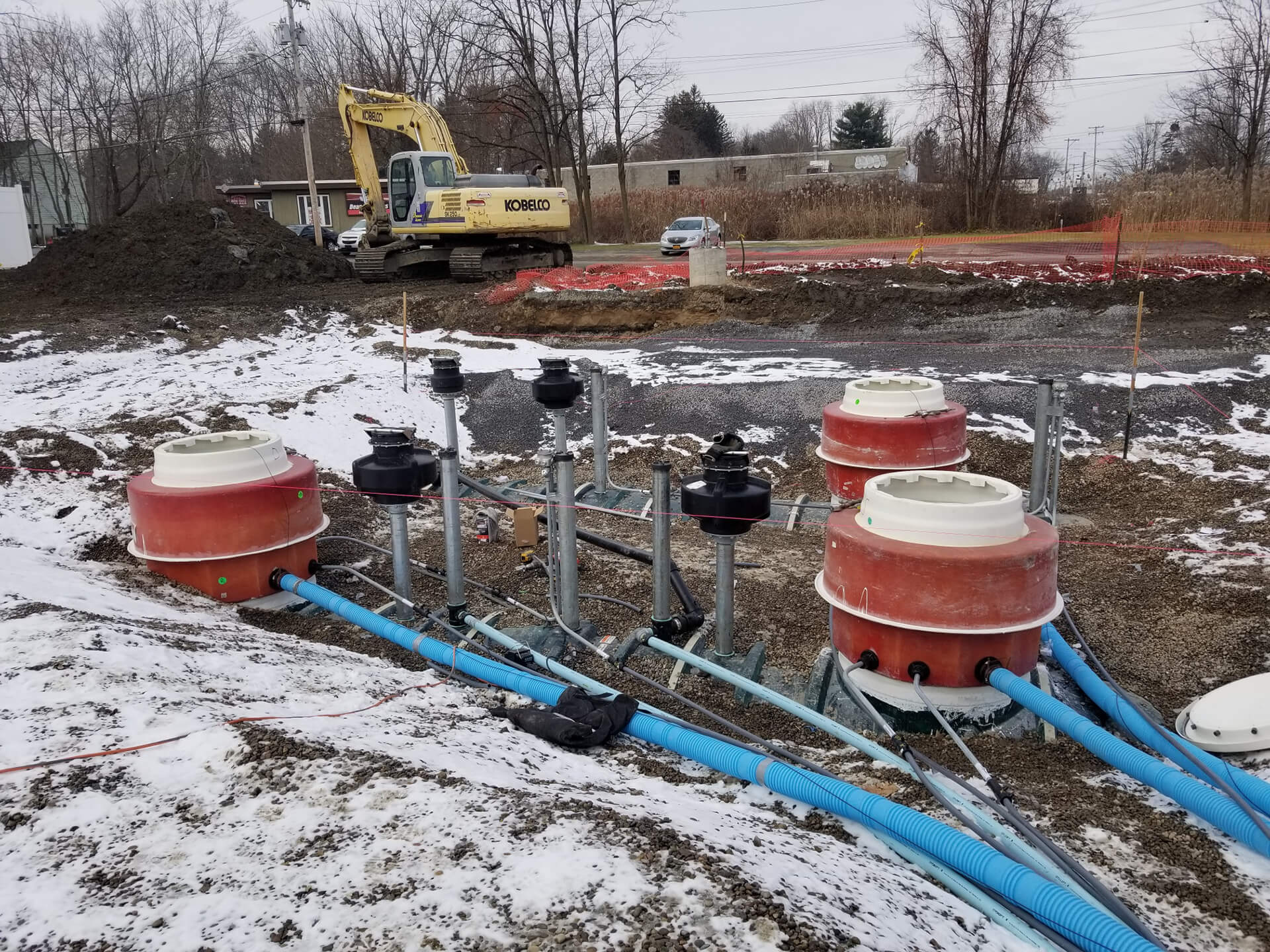 Construction site with pumps and tubs